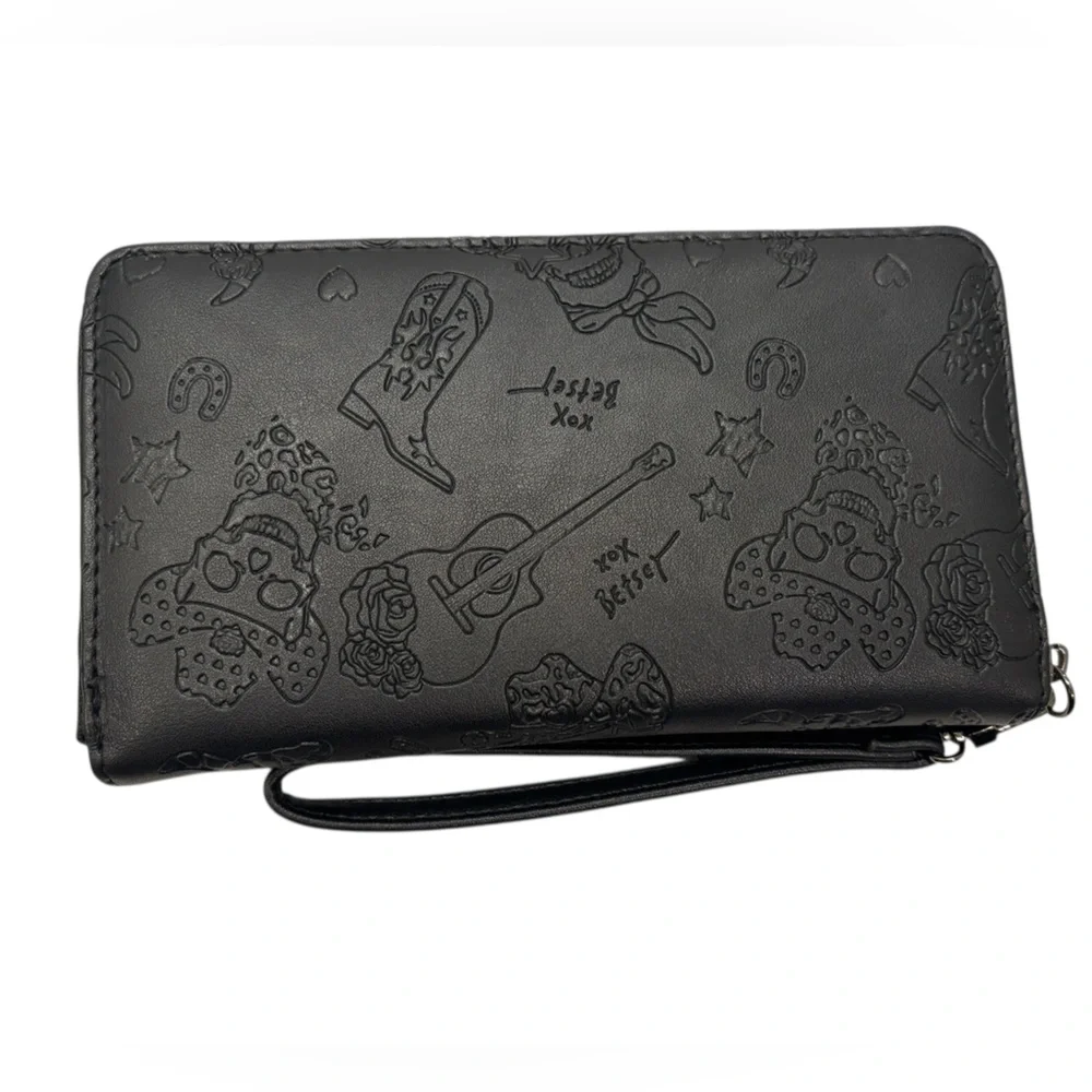 Betsey Johnson Cowboy Boots Skulls Guitars Embossed Wallet Wristlet Black